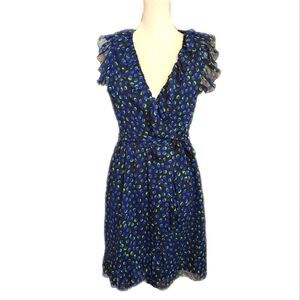 Cato v-neck wrap dress with tie waist - black w/blue and green dot details - 8